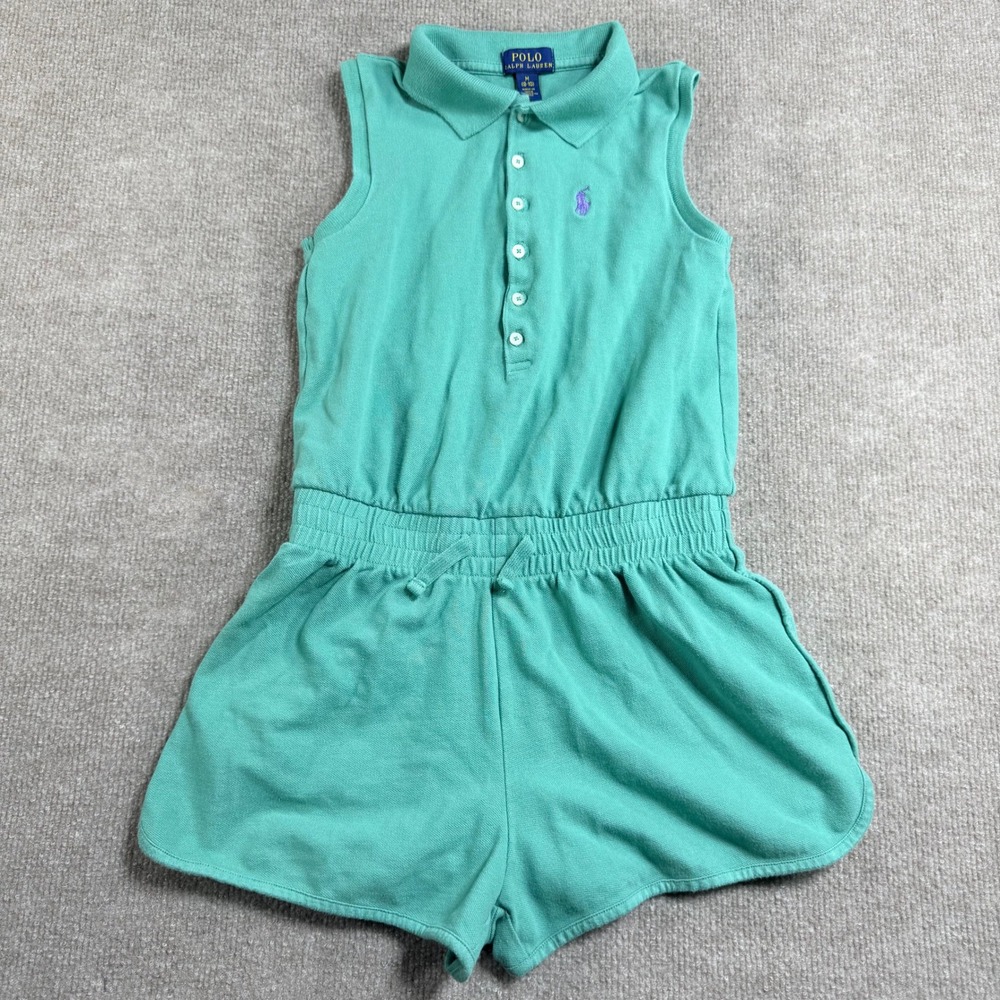 Polo Ralph Lauren Girls Green Sleeveless Polo Romper Size M 8-10 Purple Pony